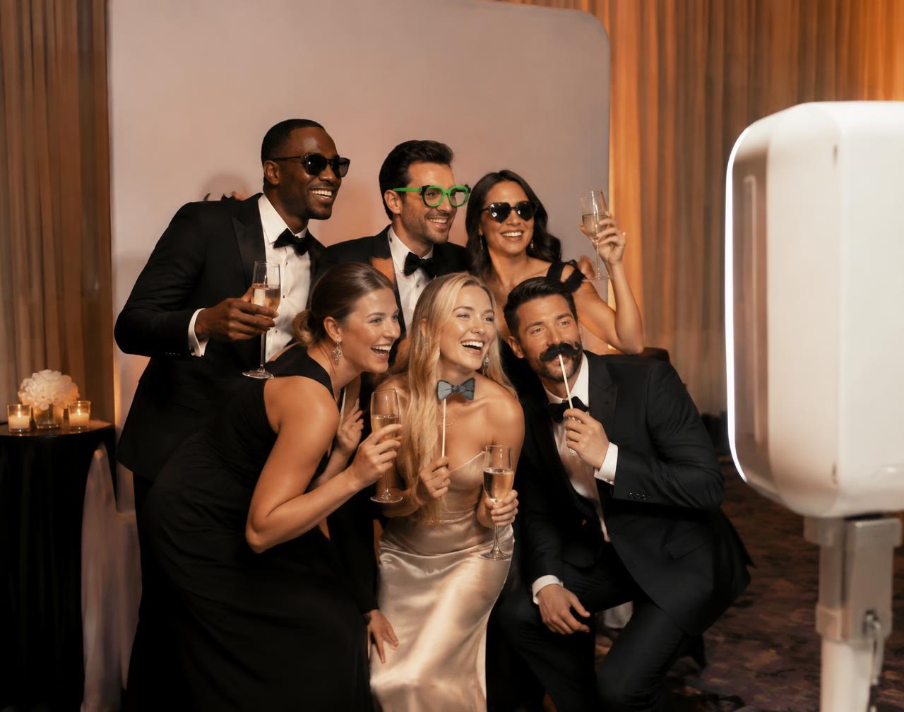 Guests in black-tie attire celebrating with props at a photo booth