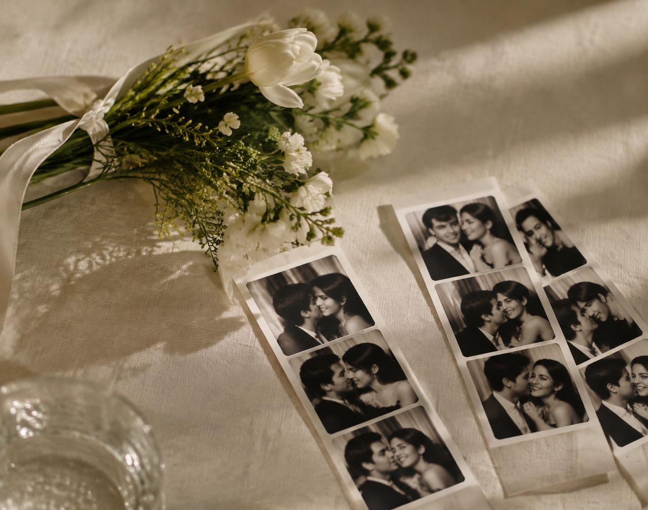 Printed photo booth strips arranged on a linen table beside white flowers